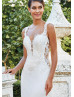 Ivory Crepe Lace Illusion Buttons Back Wedding Dress
